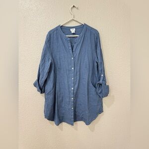 Sigrid Olsen 100% Linen Blue Button Front Shirt Womens Large Roll Tab Sleeve